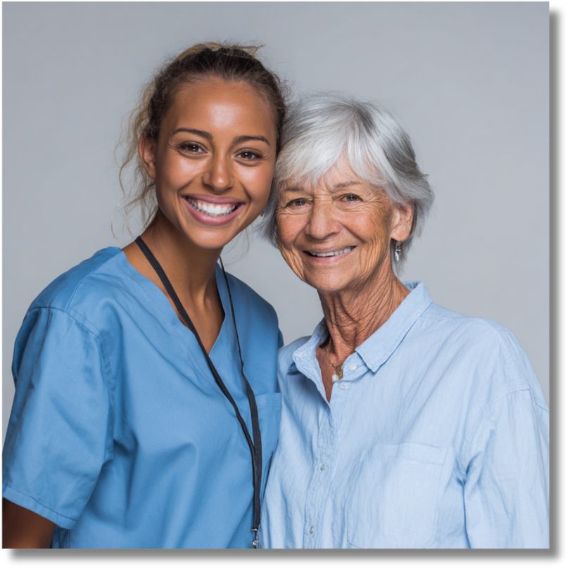 A licensed physician and her patient smiling together.
